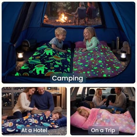 JOIEDOMI Toddler Sleeping Bag for Kids 66''x33'' Glow in The Dark Kids Sleeping Bag with Pillow for Boys and Girls Ages 3+ Soft Flannel Toddler Nap Mat for Preschool Daycare Sleepover