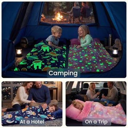 JOIEDOMI Toddler Sleeping Bag for Kids 66''x33'' Glow in The Dark Kids Sleeping Bag with Pillow for Boys and Girls Ages 3+ Soft Flannel Toddler Nap Mat for Preschool Daycare Sleepover