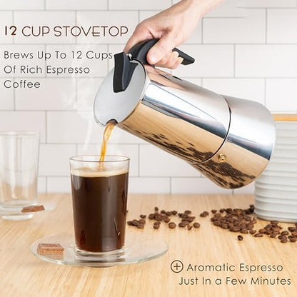 Mixpresso 12 Cup Greca Moka Pot, Stainless Steel Stovetop Espresso Maker