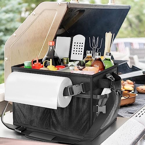 FANGSUN Grill Caddy, Foldable BBQ Caddy with Paper Towel Holder, Black
