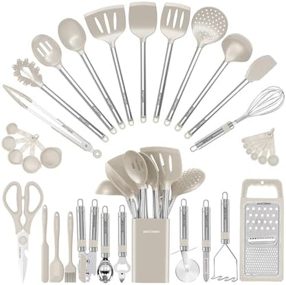 Kitchen Utensil Set-Silicone Cooking Utensils-33 Kitchen Gadgets & Spoons for Nonstick Cookware-Silicone and Stainless Steel Spatula Set-Best Kitchen Tools, Useful Pots (Khaki)
