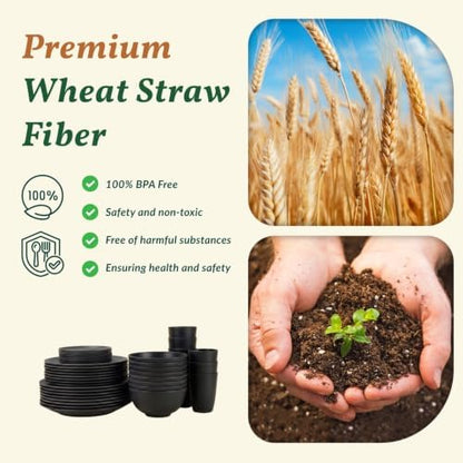 Homienly Wheat Straw Dinnerware Set,40-Piece Dish Set for 8, Dinner Plates, Dessert Plate, Cereal Bowls, Cups, Appetizer Plates,Reusable Dinner Plates Kids Plates and Bowls Sets,Black