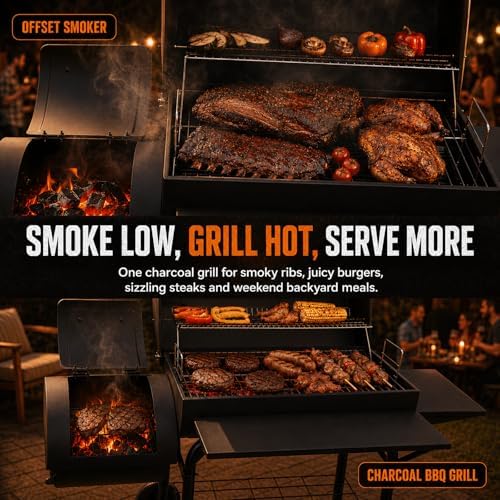 Realcook Charcoal Grill with Offset Smoker: Spacious Barrel Charcoal Grills