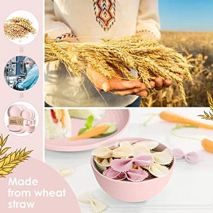 Teivio 16-Piece Kitchen Plastic Wheat Straw Dinnerware Set, Service for 4, Dinner Plates, Dessert Plate, Cereal Bowls, Cups, Unbreakable Plastic Outdoor Camping Dishes,Pink