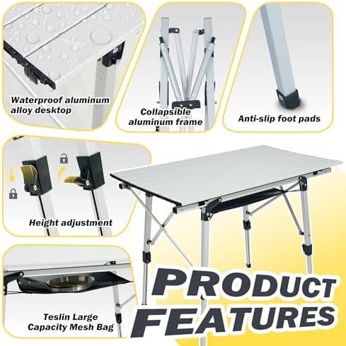 Folding Camping Table, Portable Aluminum Adjustable Height