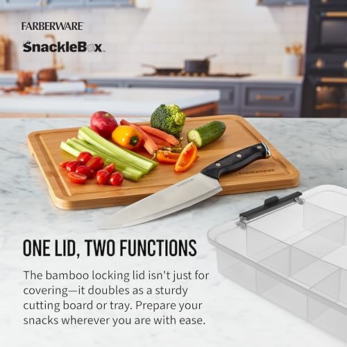 Farberware Build Snacklebox Serving Tray with Locking Bamboo Cutting Board Lid, Portable Storage Container with Compartments for Charcuterie, and More, Natural (Pack of 4)