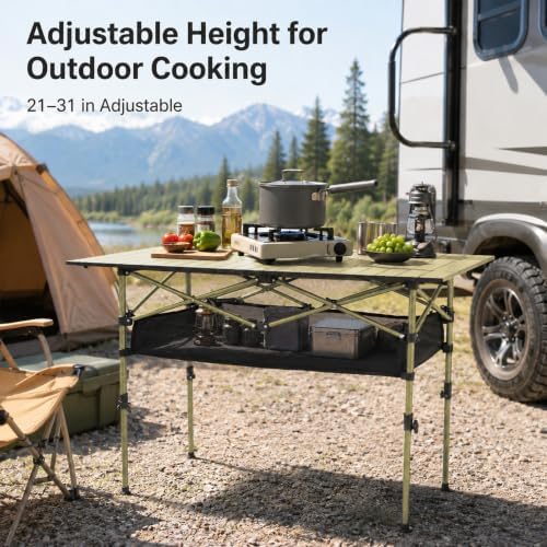 Portable Folding Camping Table, Adjustable Height, Beige, 47 x 21 in