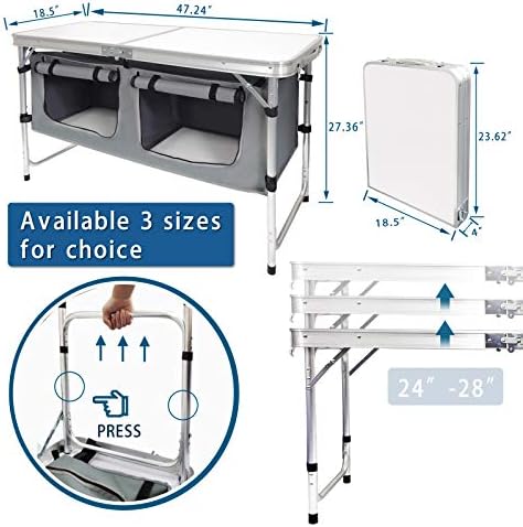 CampLand Outdoor Folding Table Aluminum Lightweight Height Adjustable with Storage Organizer for BBQ, Party, Camping