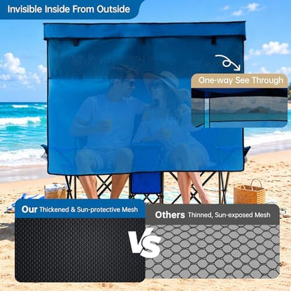 Double Beach Chair with Canopy Shade Oversized Camping Chairs with Canopy, Cooler Bag & Cup Holder Folding Loveseat for Camp Fishing Beach