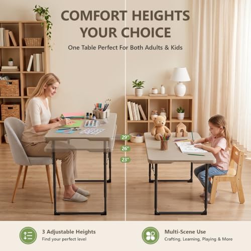 Folding Table, 4FT Foldable Picnic Table with Carrying Handle, Heavy Duty Fold-in-Half Portable Table for Weddings, Camping, RV Travel, Parties, BBQs, and Indoor Use, Easy to Fold and Store, Khaki