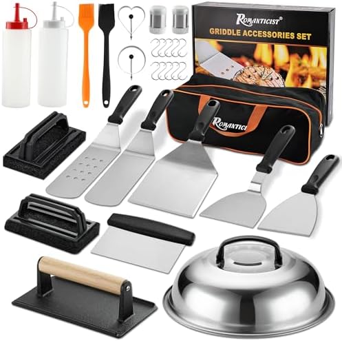 ROMANTICIST 29PCS Griddle Accessories Set - Flat Top Teppanyaki Spatula Set with Scraper, Basting Cover for Camp Chef- Home Cooking Griddle and Outdoor BBQ Gifts for Christmas