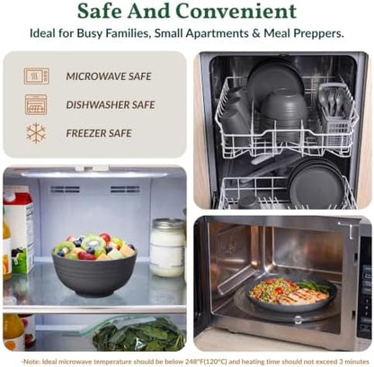 Wheat Straw Dinnerware Sets, Homienly 20pcs Unbreakable Microwave Dishwasher Safe Tableware Lightweight Bowls, Cups, Plates Set Reusable Dinner Plates Bowls set (Dark Grey)