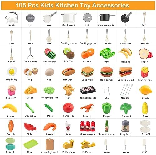 105Pcs Kids Kitchen Toy Accessories, Toddler Pretend BBQ Camping Cooking Playset, Play Pots, Pans, Utensils Cookware Toys, Play Food Set, Vegetables, Learning Gift for Girls Boys