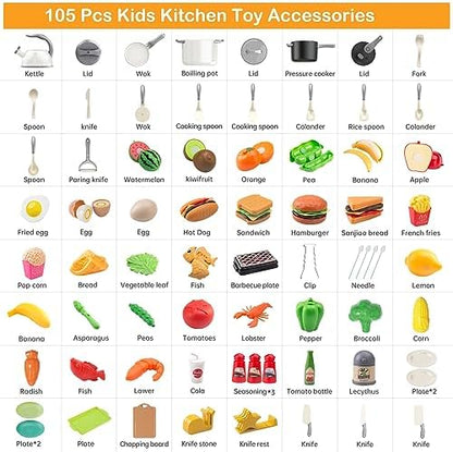 105Pcs Kids Kitchen Toy Accessories, Toddler Pretend BBQ Camping Cooking Playset, Play Pots, Pans, Utensils Cookware Toys, Play Food Set, Vegetables, Learning Gift for Girls Boys