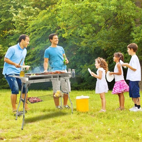 Charcoal Grills,Stainless Steel Folding Portable BBQ Grill Large Charcoal Grill for Garden Backyard Party Picnic Travel Outdoor Cooking Use With Non-Stick Frying Pan