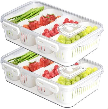 2Pack Poratble Bacon Storage Container for Fridge Divided Snackle Box Charcuterie Container 4 Compartment Serving Veggie Tray with Lid Portable Travel Fruit Caddy for Cheese,Candy,Nuts,Salad