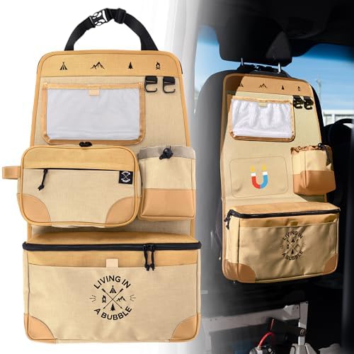 Living in a Bubble Seat back Organizer – Magnetic Toiletry and Cooler Pouch, Cordura Car Backseat Storage with Device Holder & Hooks, Multi-Compartment Utility Bag for Campervans & Family Travel