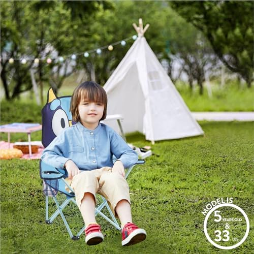 Idea Nuova Bluey Kids Folding Camping Chair with Cup Holder & Storage Pocket,Portable Outdoor Chair for Toddlers, Camping, Beach & Picnic