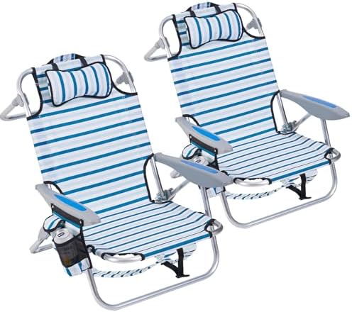 2 Pack Lightweight Portable Camping Beach Chair for Adults, Outdoor Lay Flat Folding Beach Chairs with 5 Positions, Backpack Beach Chair with Towel Bar, Zipper Pouch, Cup Holder, White Striped