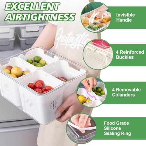 Fruit Storage Containers for Fridge with Lid and Handle, Veggie Tray Bins