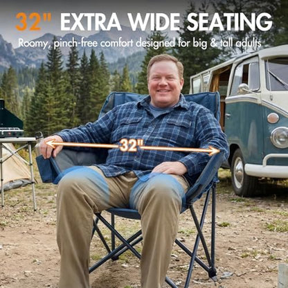 Portal 32" Oversized Camping Chair, Foldable Heavy Duty 350 lb Padded Ergonomic Seat for Big & Tall Adults, Pinch-Free Extra Wide Design Featuring Cup Holder & Carry Bag for Fishing, Lawn & Sidelines