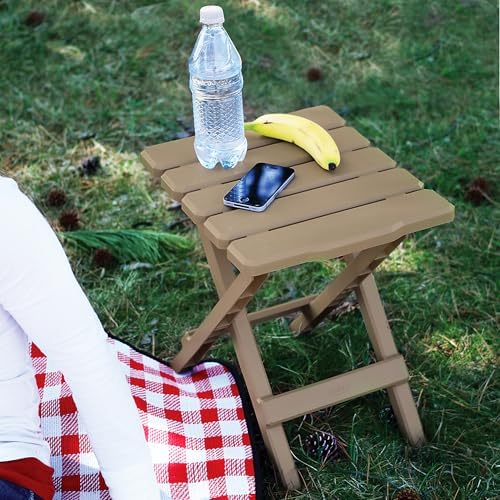 Camco Adirondack Portable Outdoor Camping Small Weatherproof Rustproof Durable Plastic Folding Side Table for Indoor and Outdoor Use, Taupe
