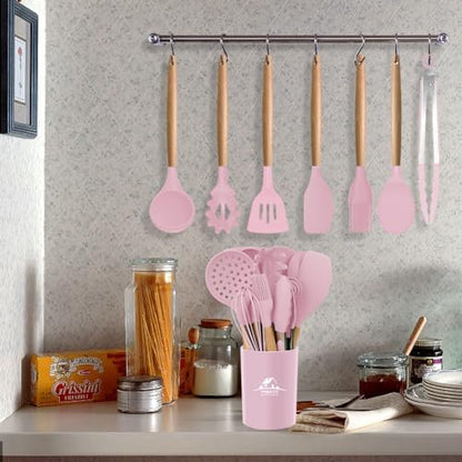 MIBOTE Silicone Cooking Kitchen Utensils Set, Wooden Handle, Pinky