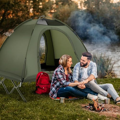 GYMAX 2-Person Tent Cot, 3 in 1 Folding Off-Ground Cot Bed Combo with Portable Wheeled Bag, Waterproof Rainfly, 2 Mesh Doors & Skylight Roof for Hiking, Backpacking, Outdoor