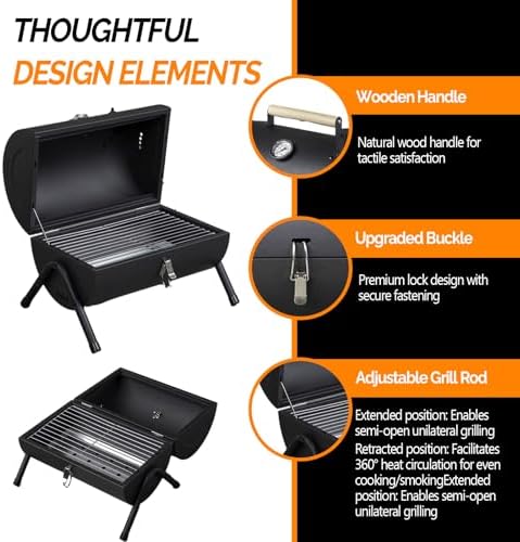 VINGLI Portable Charcoal Grill with Thermometer & Wooden Handle, Multi-functional Metal Compact Tabletop BBQ Outdoor Charcoal Grill for Camping Travel Picnic Patio