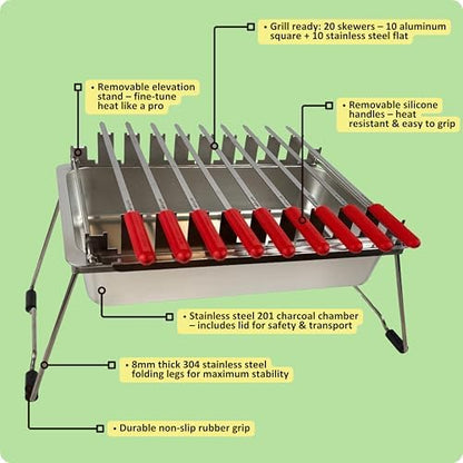 𝗖𝗵𝗮𝗿𝗰𝗼𝗮𝗹 𝗞𝗮𝗯𝗼𝗯 𝗚𝗿𝗶𝗹𝗹 by 𝗡𝗼𝗿𝘁𝗵 𝗚𝗿𝗶𝗹𝗹𝘀: precise heat control, silicone-handle square & flat skewers, charcoal starter tool, tongs, BBQ gloves, and storage & travel bags.