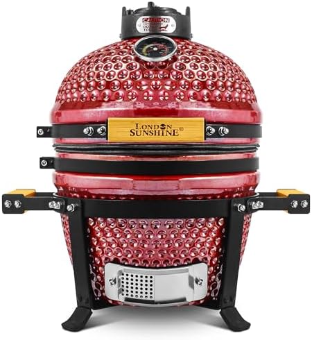 London Sunshine Ceramic BBQ Charcoal Kamado Grill 13 inch Portable Tabletop BBQ Grill with Stainless Steel Grates, pearlescent red