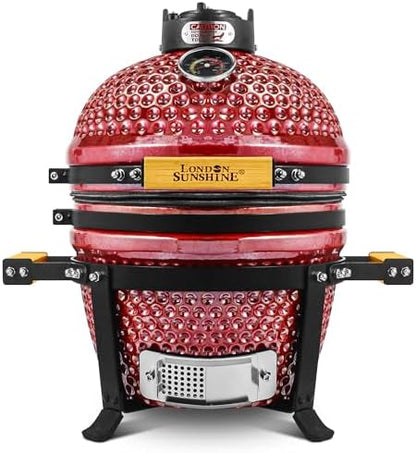 London Sunshine Ceramic BBQ Charcoal Kamado Grill 13 inch Portable Tabletop BBQ Grill with Stainless Steel Grates, pearlescent red
