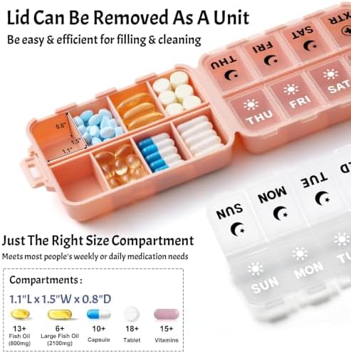 Foldable Portable 7 Day Pill Organizer 2 Times a Day, AM PM Weekly Pill Box