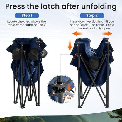 Portable Outdoor Folding Camping Table with 4 Cup Holders & Cooler Compartment, Waterproof Picnic Table for Picnic, BBQ, Beach, Hiking (Navy Blue)