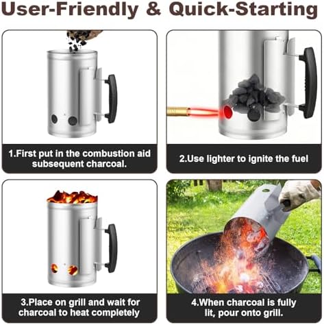 BEAU JARDIN Charcoal Chimney Starter Large Capacity BBQ Grill Lighter Barbecue Fire Starter Grilling for Charcoal Grill Briquette Coal Fire Starter Chimney for Grills Outdoor Cooking Can Accessories