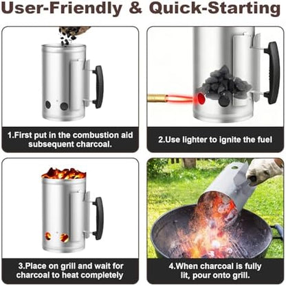 BEAU JARDIN Charcoal Chimney Starter Large Capacity BBQ Grill Lighter Barbecue Fire Starter Grilling for Charcoal Grill Briquette Coal Fire Starter Chimney for Grills Outdoor Cooking Can Accessories