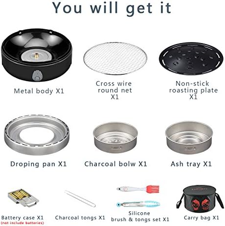 Portable Charcoal Outdoor BBQ Grill For Camping With Travel Bag - Small Tabletop Smoke ＆ Smokeless Pan Optional - Built In Electric Fan Power Supplied By Battery Charger Or Power Bank. (Luxury Black)
