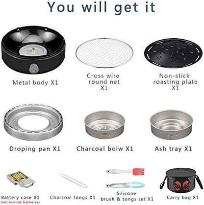 Portable Charcoal Outdoor BBQ Grill For Camping With Travel Bag - Small Tabletop Smoke ＆ Smokeless Pan Optional - Built In Electric Fan Power Supplied By Battery Charger Or Power Bank. (Luxury Black)