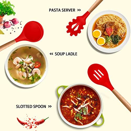 MIBOTE Silicone Cooking Kitchen Utensils Set, Wooden Handle, Red