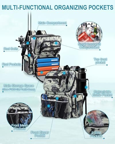 HXLGMD Fishing Backpack with Rod Holders, 43L Large Water Resistant Tackle Bag Storage Gear and Equipment with Cooler for Men Fishing, Camping, Hiking, Grey