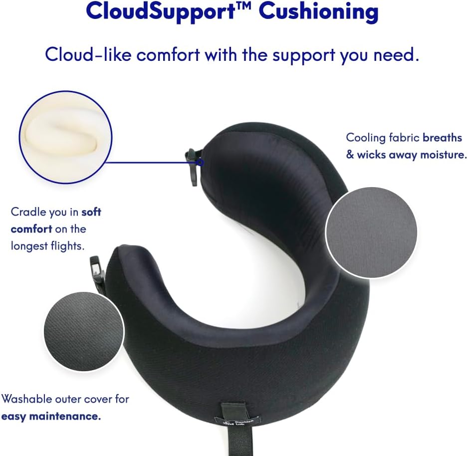 C CUSHION LAB Extra Support Travel Pillow, Award-Winning Patented Ergonomic Design for Chin & Neck Support Memory Foam Neck Pillow, Compact Airplane Pillow for Traveling, Flight, Car (Black, Medium)
