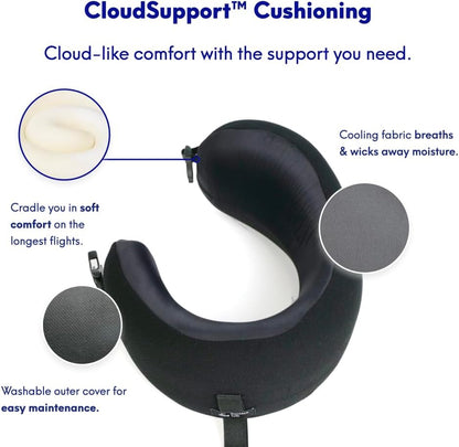 C CUSHION LAB Extra Support Travel Pillow, Award-Winning Patented Ergonomic Design for Chin & Neck Support Memory Foam Neck Pillow, Compact Airplane Pillow for Traveling, Flight, Car (Black, Medium)