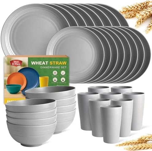 Teivio 32-Piece Plates and Bowls Sets for 8, Light Gray Dinnerware Sets