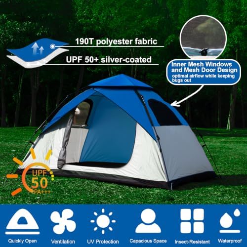 anngrowy Camping Tent 2 Person Instant Family Tent Pop Up Tents for Camping Waterproof Portable Hiking Camp Tent Lightweight Tent for Backpacking Small Tent 4 Season Windproof Quick Compact Dome Tent