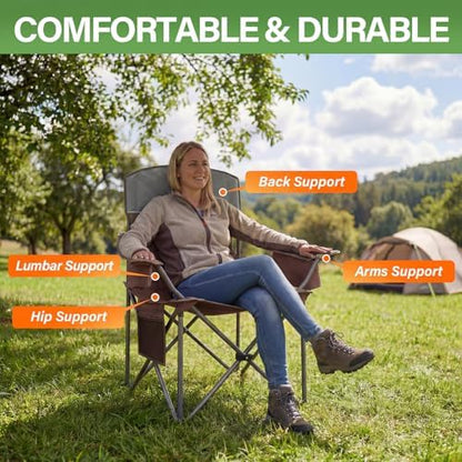 Oversized Camping Chairs 2 Pack - Heavy Duty 400LBS Padded Lawn Chair with Cooler Bag,Cup Holder,Side Pocket,Collapsible for Outdoor,Camp,Fishing & Garden,Maroon