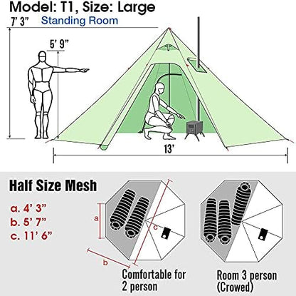 4 Persons 5lb Lightweight Tipi Hot Tents with Stove Jack, 7'3" Standing Room, Teepee Tent for Hunting Family Team Backpacking Camping Hiking