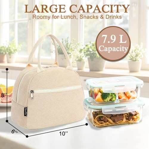 FlowFly Lunch Bag for Women Insulated Lunch Box Corduroy Lunch Tote Cooler for Travel Work Picnic,Corduroy Beige
