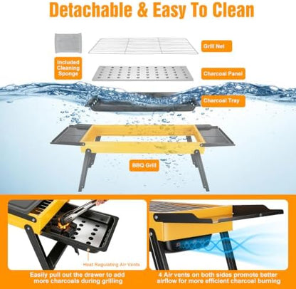 Portable Charcoal Grill, Small Stainless Steel Camping Tabletop BBQ Grill with Foldable Side Shelves, Compact Tabletop Barbecue with Carry Handle for Outdoor Picnic Backyard Beach Travel