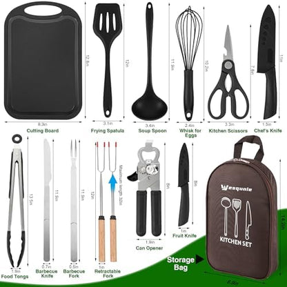 Camping Essentials Cookware Cooking Utensils Set - Portable Camp Kitchen Mess Kit Outdoor Accessories, Stainless Steel & Silicone, Camping Gear Equipment for RV Picnic Grill, Brown