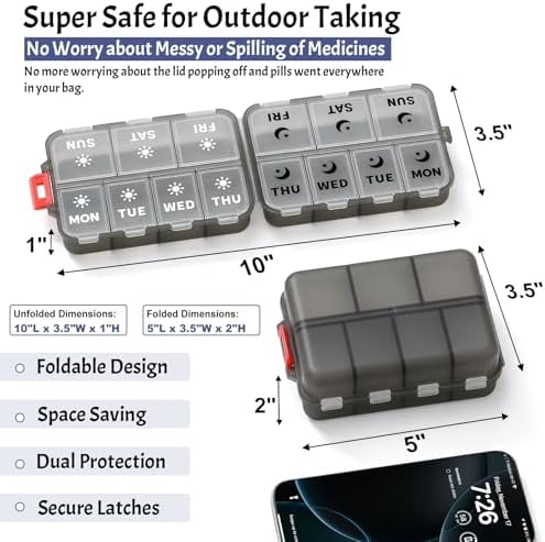 Foldable Portable 7 Day Pill Organizer 2 Times a Day, AM PM Weekly Pill Box